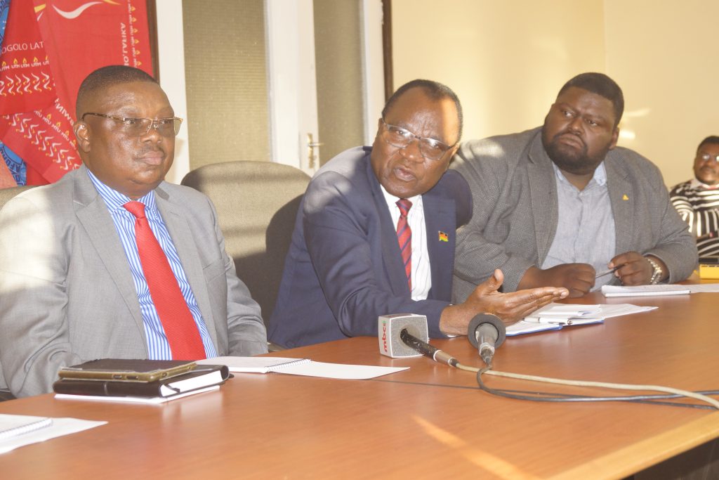Dr. Elias Chakwera (centre) emphasizing a point during a press briefing on Monday afternoon--Photo by Watipaso Mzungu