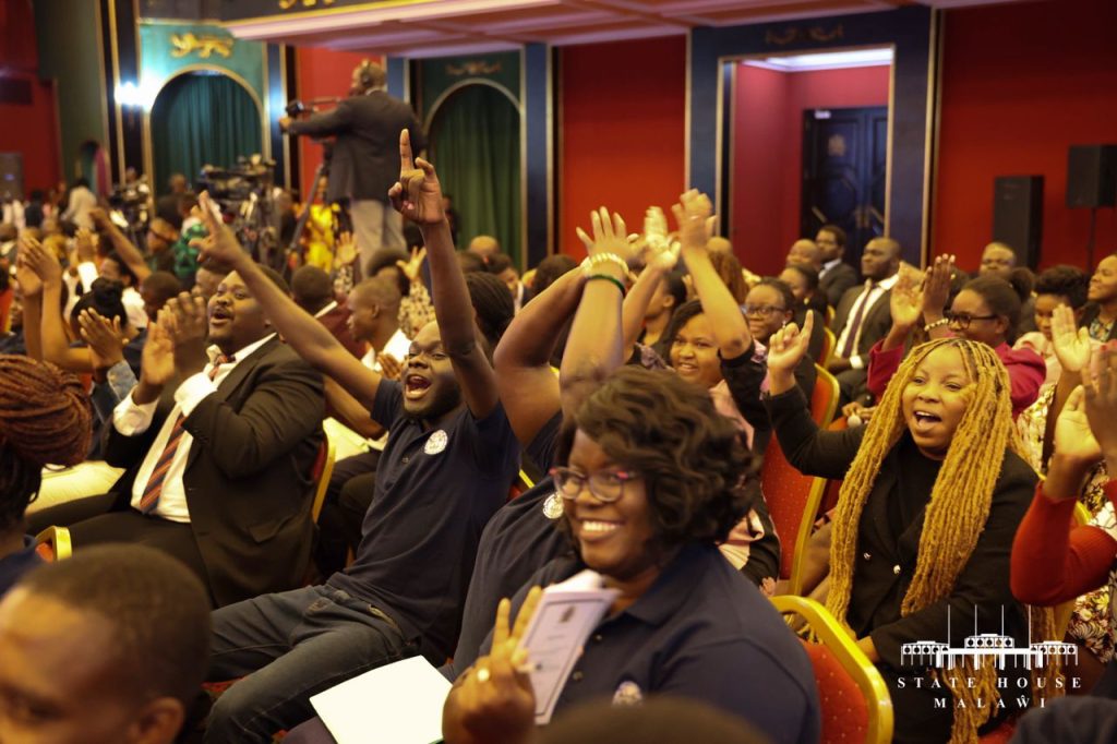 Youth leaders giving Chakwera a thumbs up during the interface meeting at the Kamuzu Palace in Lilongwe